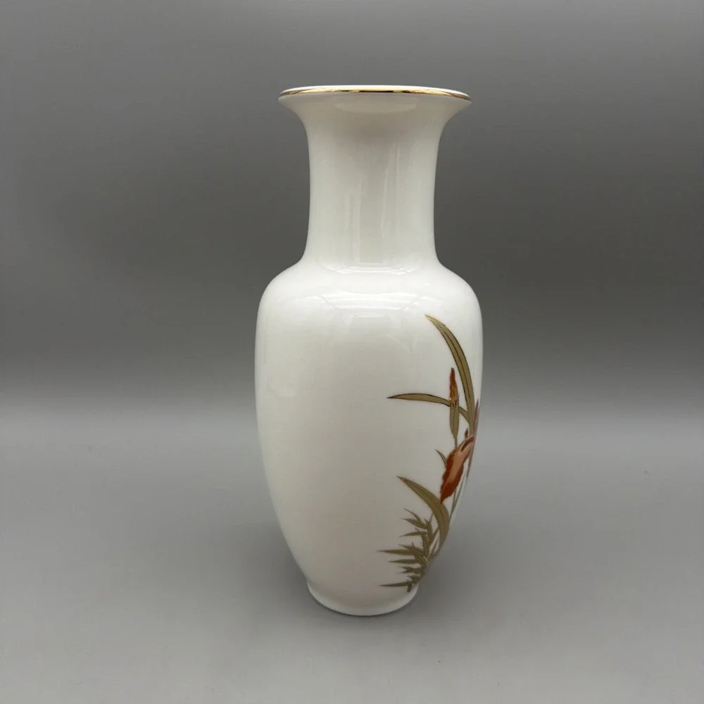 Vintage Japan MCM White Flower Vase Orange  Gold Iris Fine China